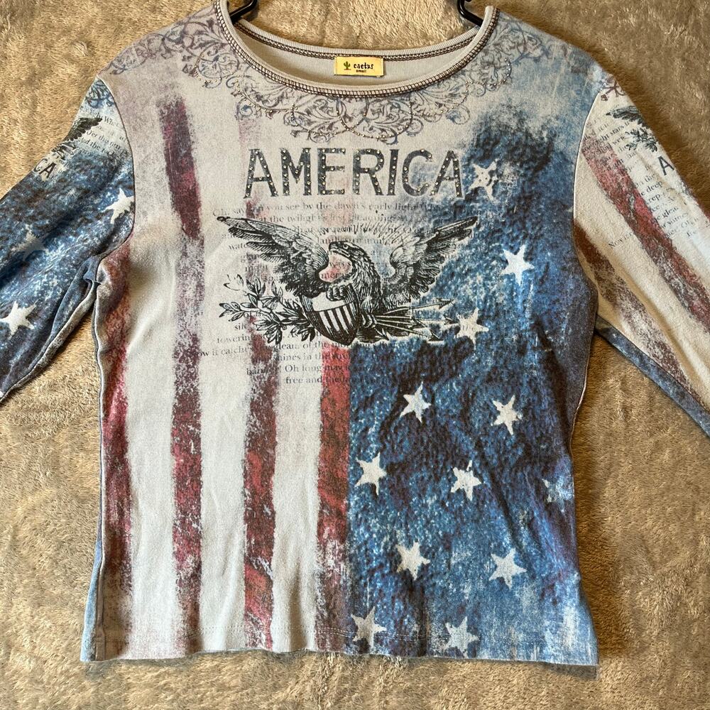 Vintage Y2K America Eagle Flag Graphic Top Patriotic Grunge USA Indie Sleaze SM - Picture 2 of 6